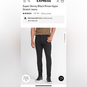 Express men’s super skinny black jeans 38x32